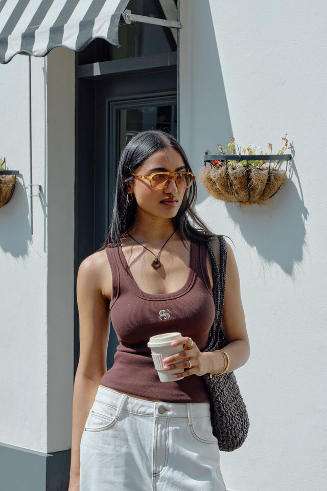 Zoe Contour Rib Scoop Tank, CHOCOLATE/MONOGRAM EMBROIDERY