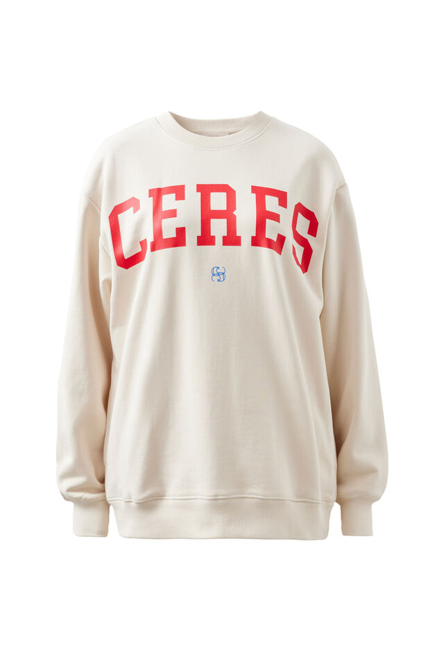 Isla Oversized Slouchy Crew, BUFF FIERY RED HERITAGE LOGO