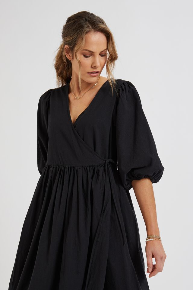 Midi Wrap Dress In Cotton Linen Blend, BLACK