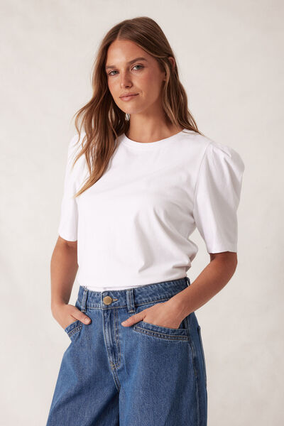 Pleat Sleeve Tee, WHITE