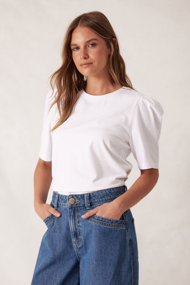 Pleat Sleeve Tee, WHITE
