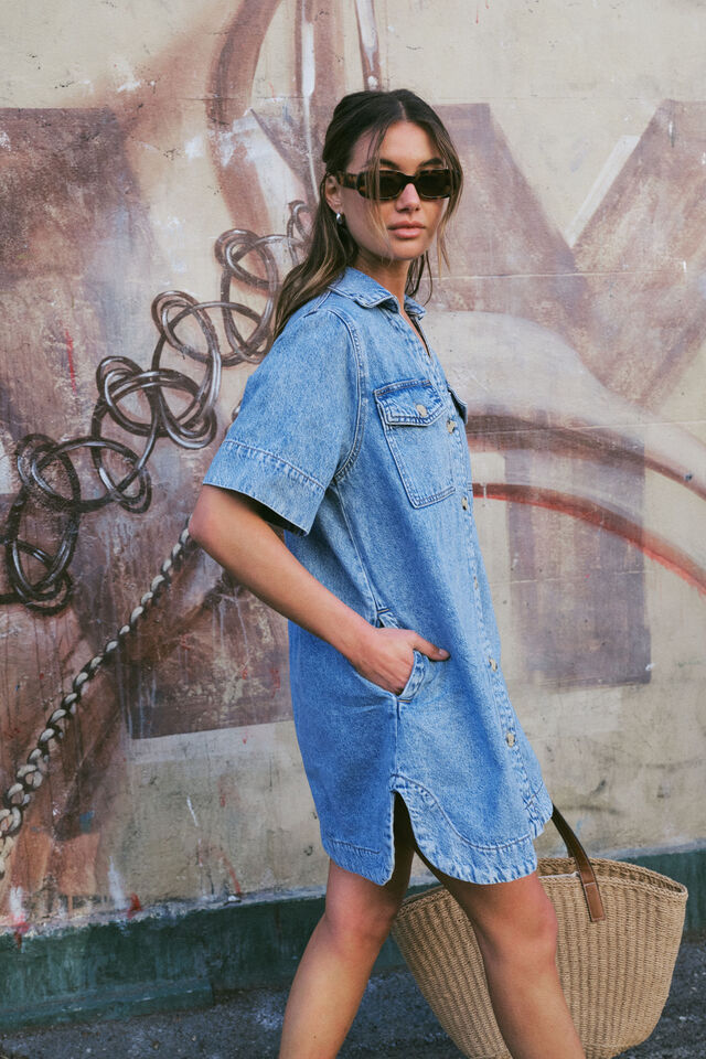 Boxy Shirt Dress, VINTAGE BLUE DENIM