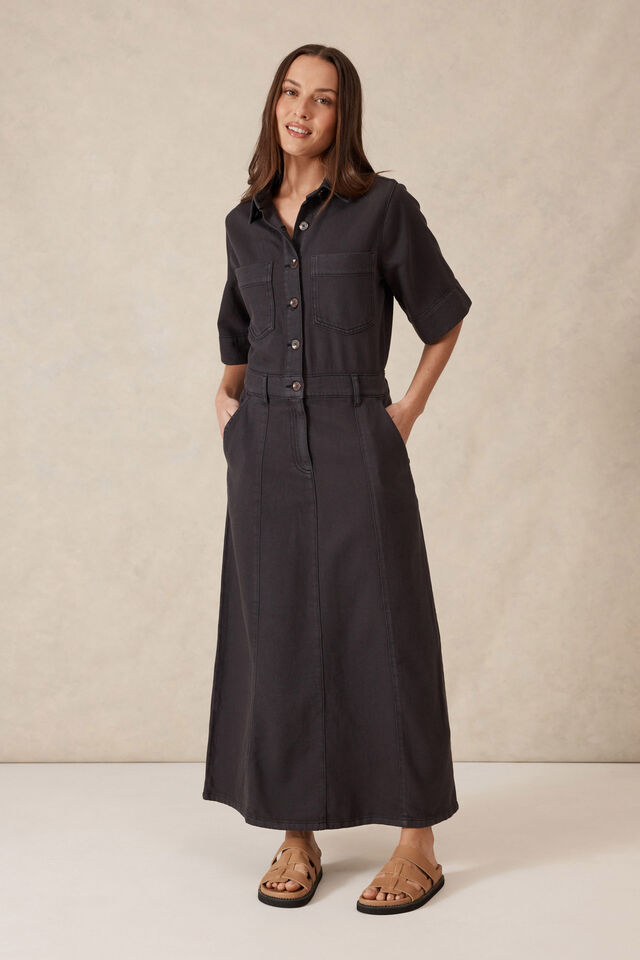 Short Sleeve Denim Maxi Shirt Dress, WASHED BLACK TWILL