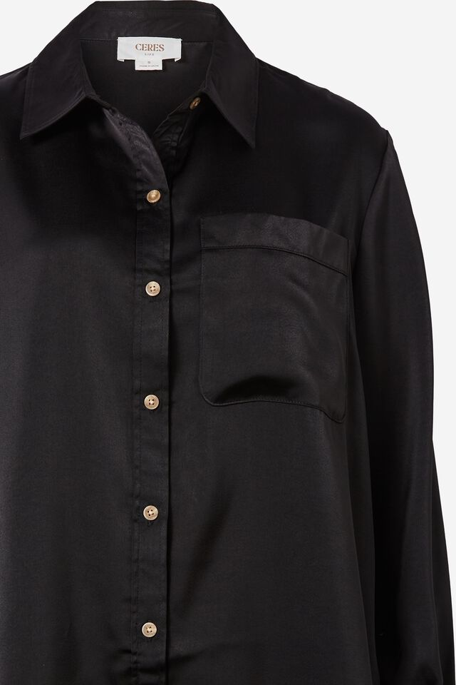 Satin Drape Shirt With Recycled Fibres, BLACK