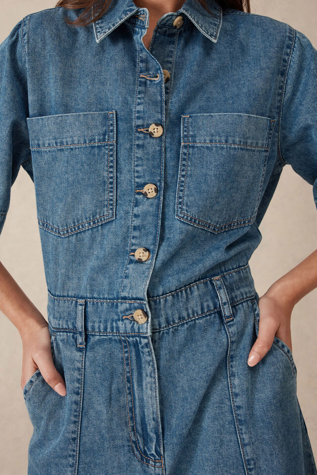 Short Sleeve Denim Maxi Shirt Dress, FRESH INDIGO DENIM