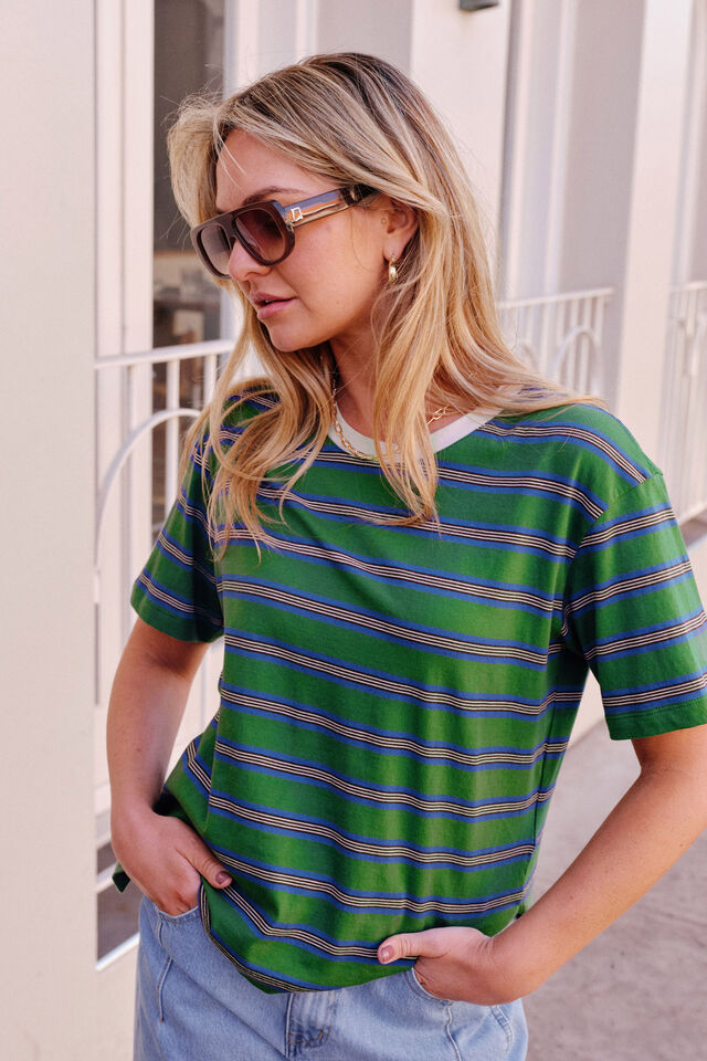 Stevie Slouchy Tee, BASIL/BLUE STRIPE