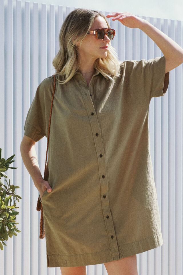 Mini Shirt Dress, FIG GREEN TEXTURED COTTON