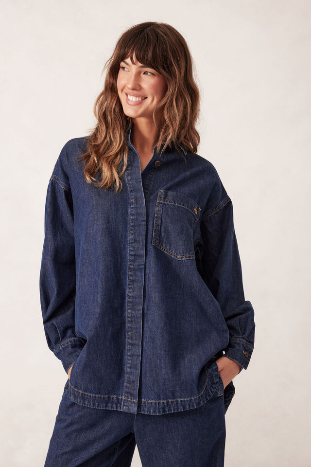 Long Sleeve Denim Shirt Jf, MIDNIGHT