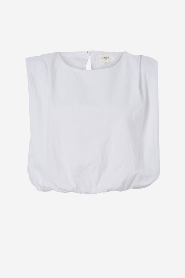 Shoulder Pad Bubble Top In Cotton Linen Blend, WHITE