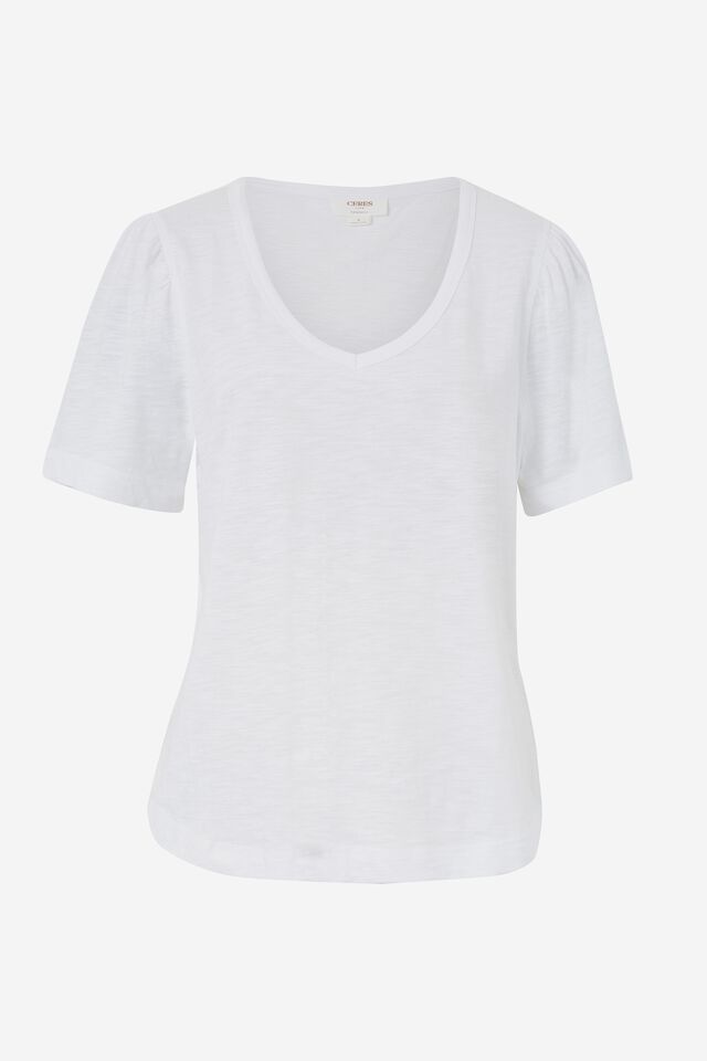 Puff Sleeve Scoop Vee In Textured Organic Cotton, WHITE