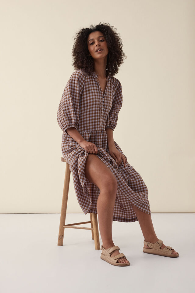 Shirred Check Midi Dress, NUTMEG/LILAC CHECK