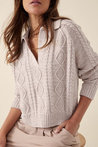 Cable Collared Pullover In Organic Cotton, OATMEAL TWIST