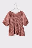 Shirred Smock Top In Organic Cotton Gingham, SPICED PINK CLOVE CHECK