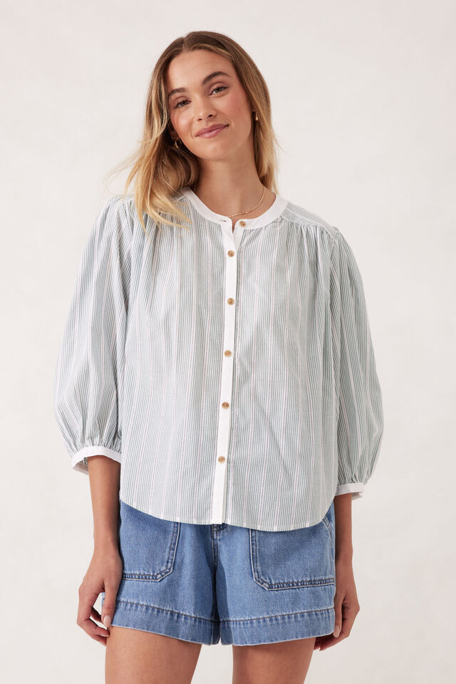Woven Collarless Top, GREEN LADDER STRIPE