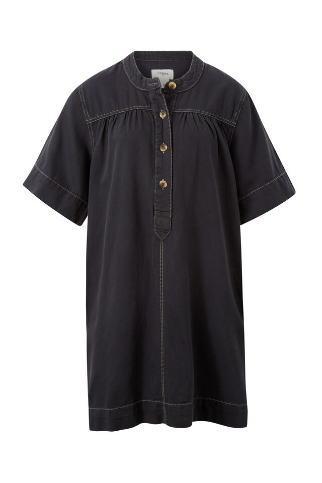 Half Placket Tunic Dress, WASHED BLACK TWILL