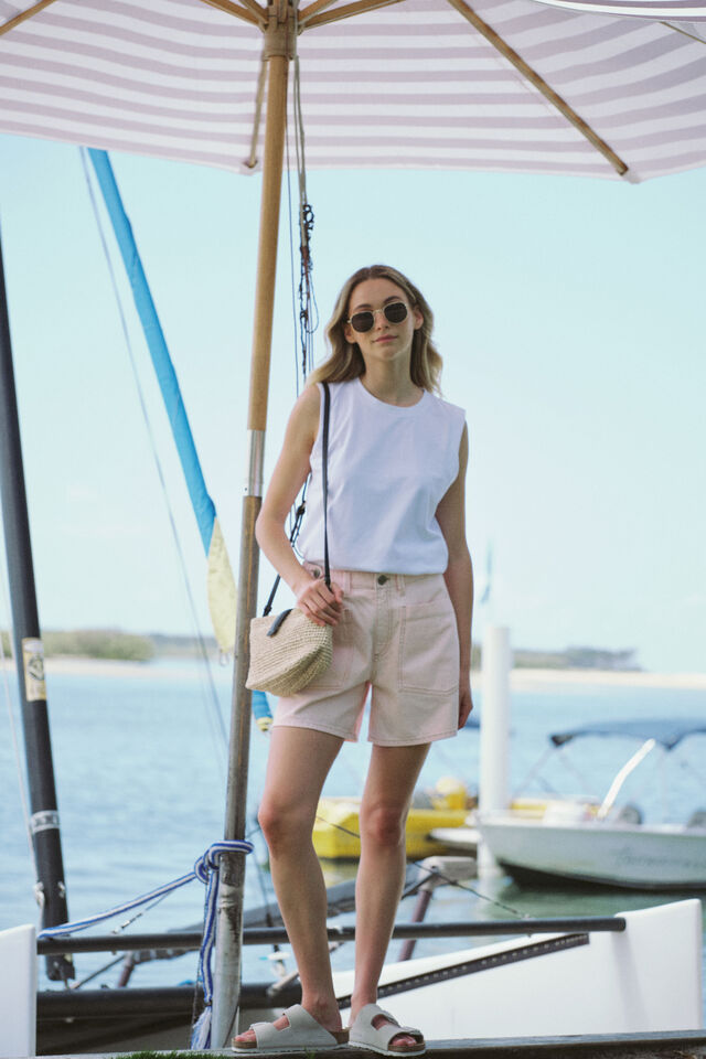 Relaxed Front Pocket Tab Short, WASHED CORAL STRIPE