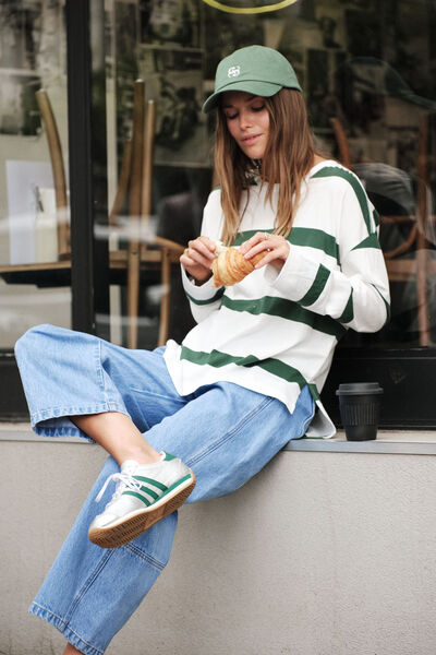 Slouchy Long Sleeve  Tee, VANILLA PINE GREEN BOLD STRIPE