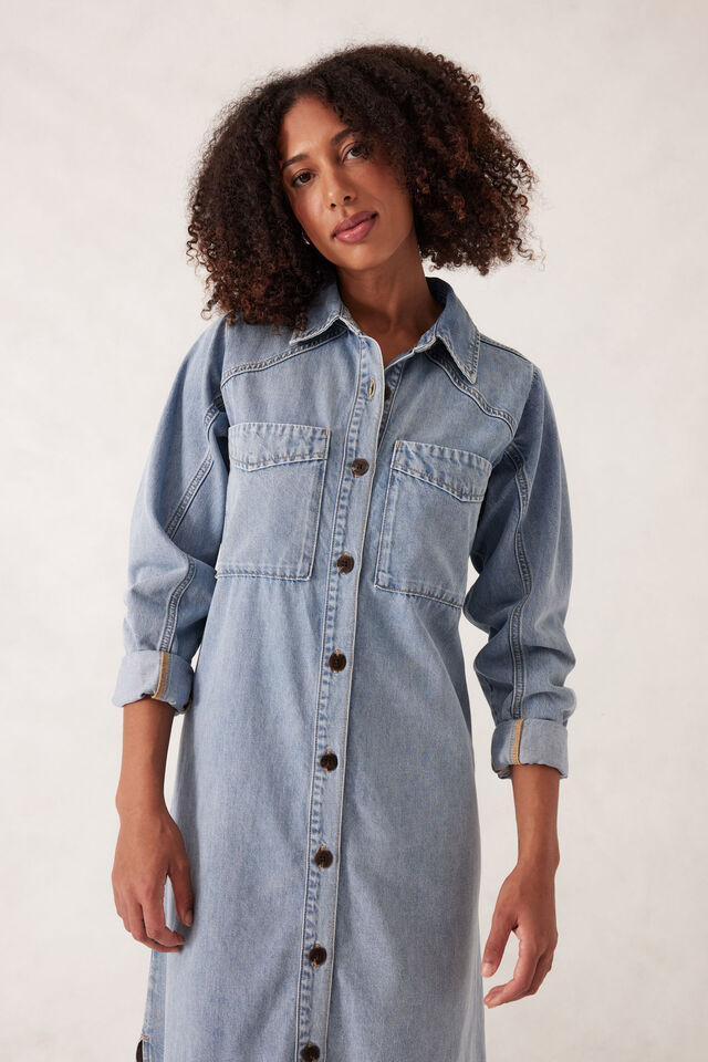 Long Sleeve Yoke Detail Midi Dress, VINTAGE BLUE