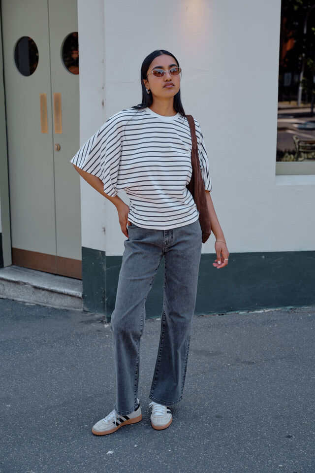Lucy Relaxed Sleeve Tee, VANILLA /PHANTOM FINE STRIPE
