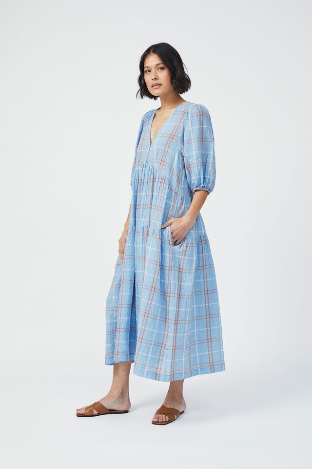 Check Smock Midi Dress In Textured Organic Cotton, CLOUD TUMERIC CHECK