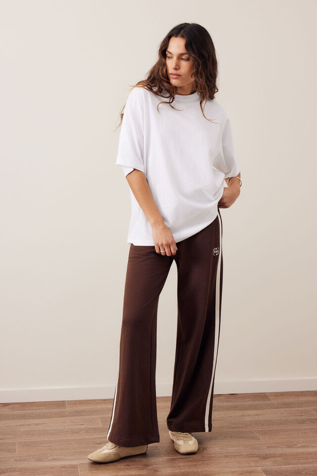 Gigi Wide Leg Terry Trackpant, CHOCOLATE SIDE STRIPE