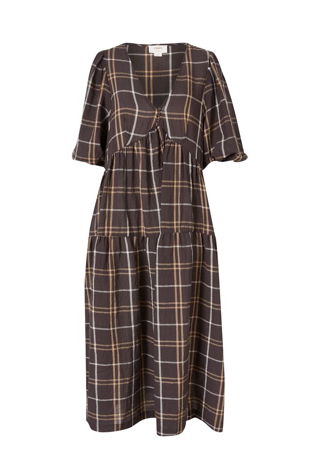 Check Smock Midi Dress In Textured Organic Cotton, LEAD CAMELETTE CHECK