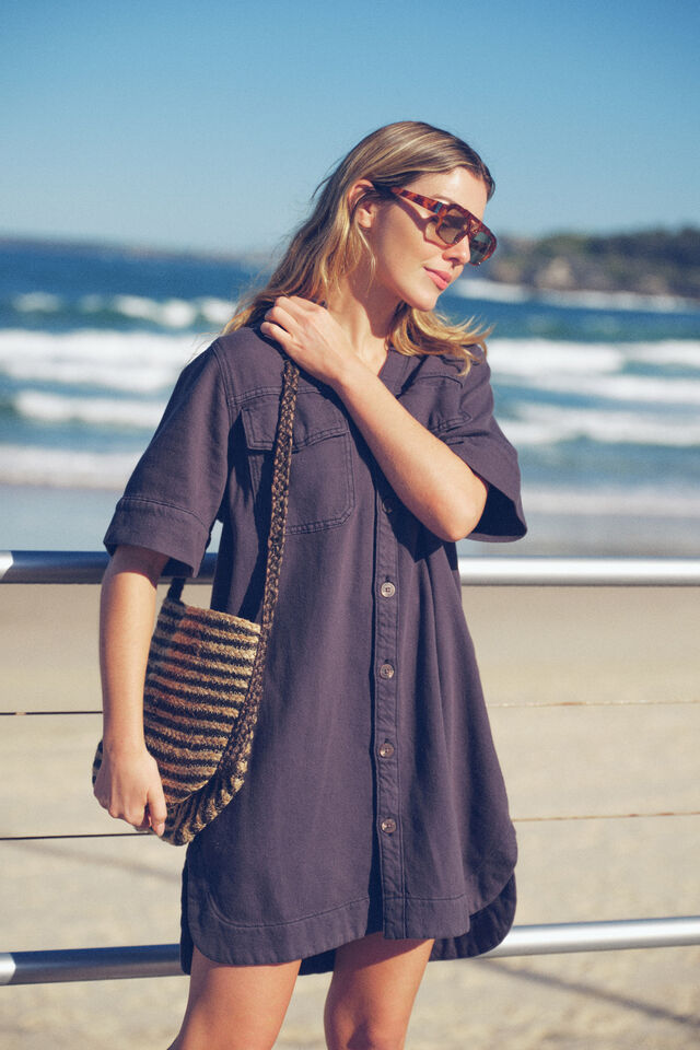 Relaxed Shirt Dress, WASHED BLACK TWILL