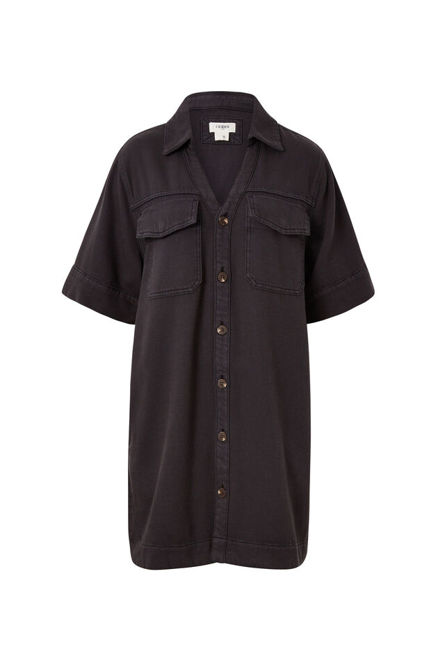 Relaxed Shirt Dress, WASHED BLACK TWILL