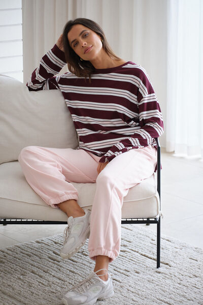 Slouchy Long Sleeve  Tee, RAISIN VANILLA STRIPE