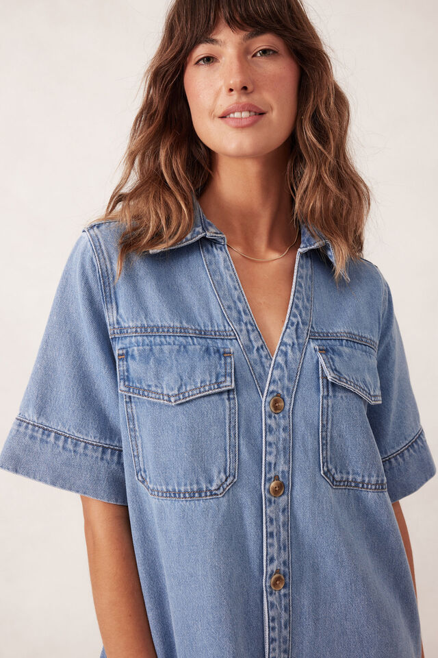 Relaxed Shirt Dress, MID VINTAGE BLUE