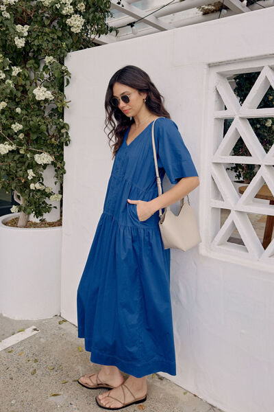 Tiered Poplin Midi Dress, FRESH COBALT