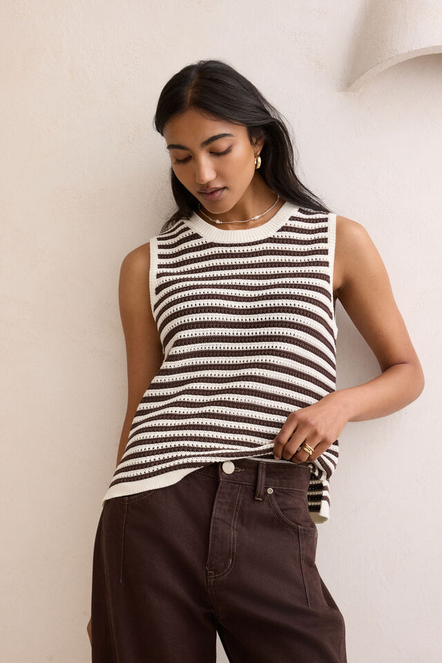 Maddy Mesh Knit Tank, BRUNETTE STRIPE