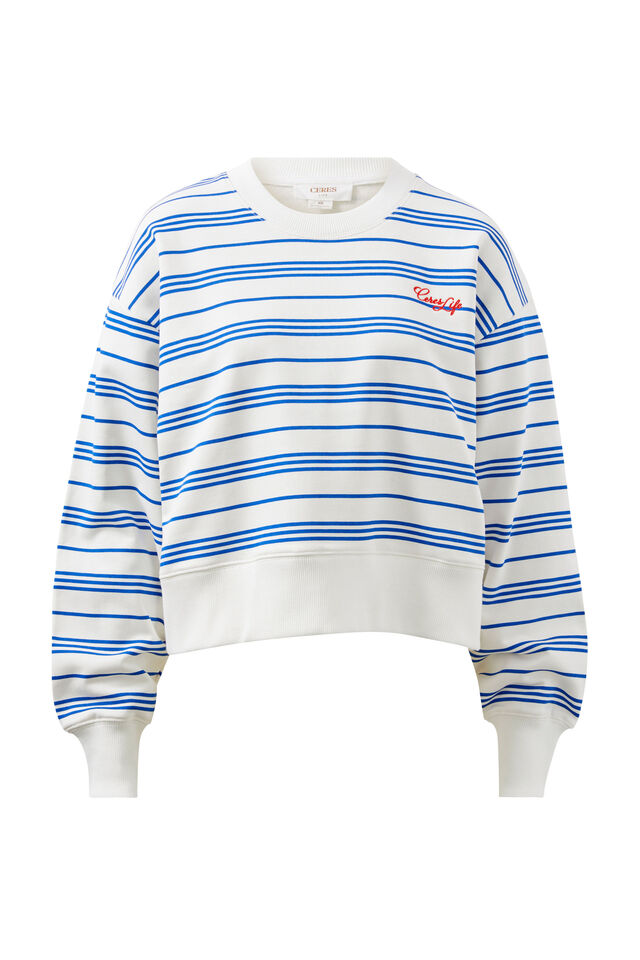 Cropped Slouchy Crew, WARM WHITE BLUE AZURE STRIPE