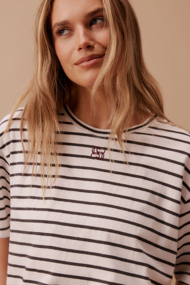 Stevie Slouchy Tee, VANILLA/PHANTOM FINE STRIPE MONOGRAM