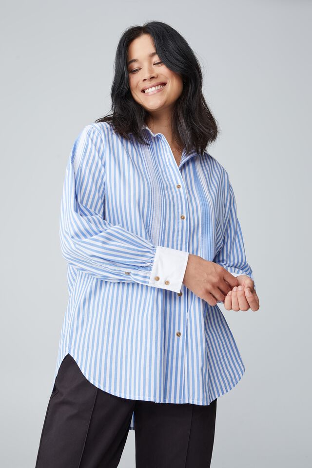 Pintuck Shirt In Rescued Cotton Eh, BLUE STRIPE