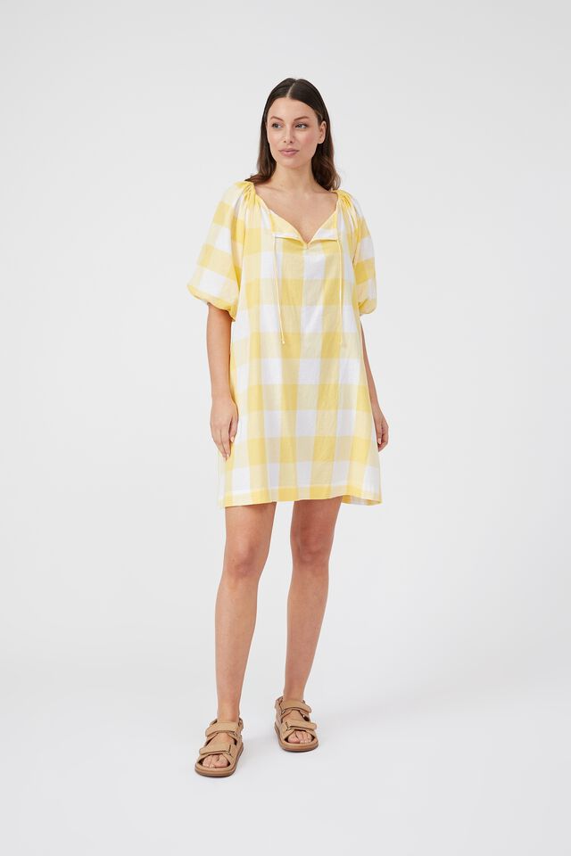 Gathered Neck Dress In Cotton Linen Blend, CITRUS YELLOW WHITE GINGHAM