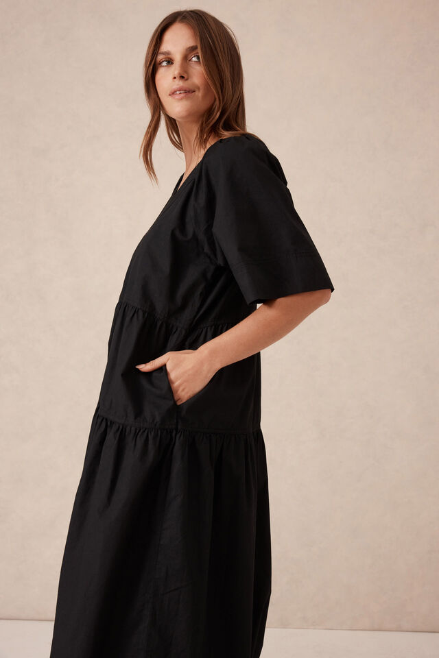 Tiered Poplin Midi Dress, BLACK