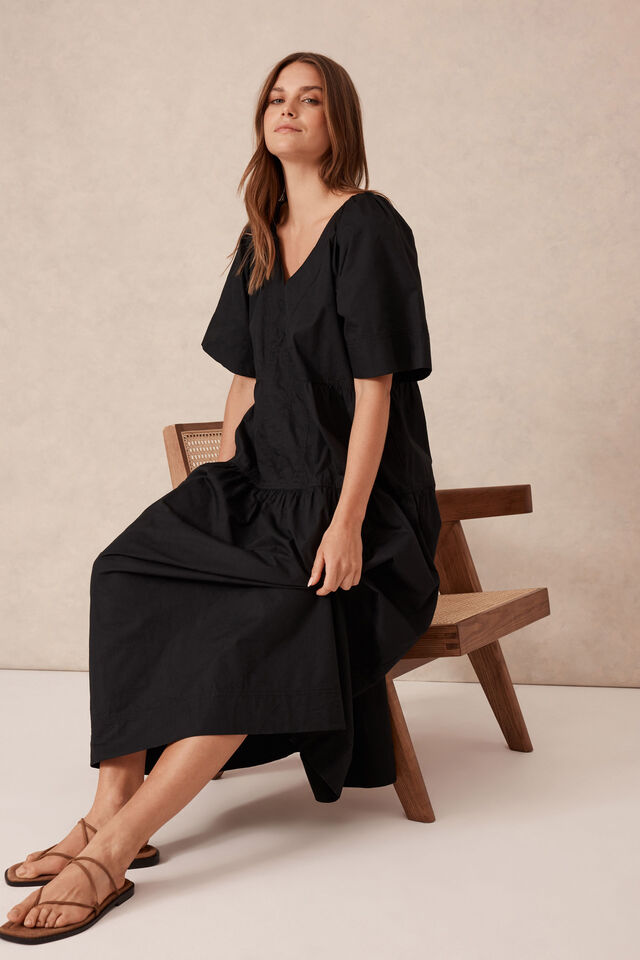 Tiered Poplin Midi Dress, BLACK