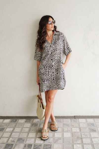 Boxy Shirt Dress, LEOPARD LINEN BLEND