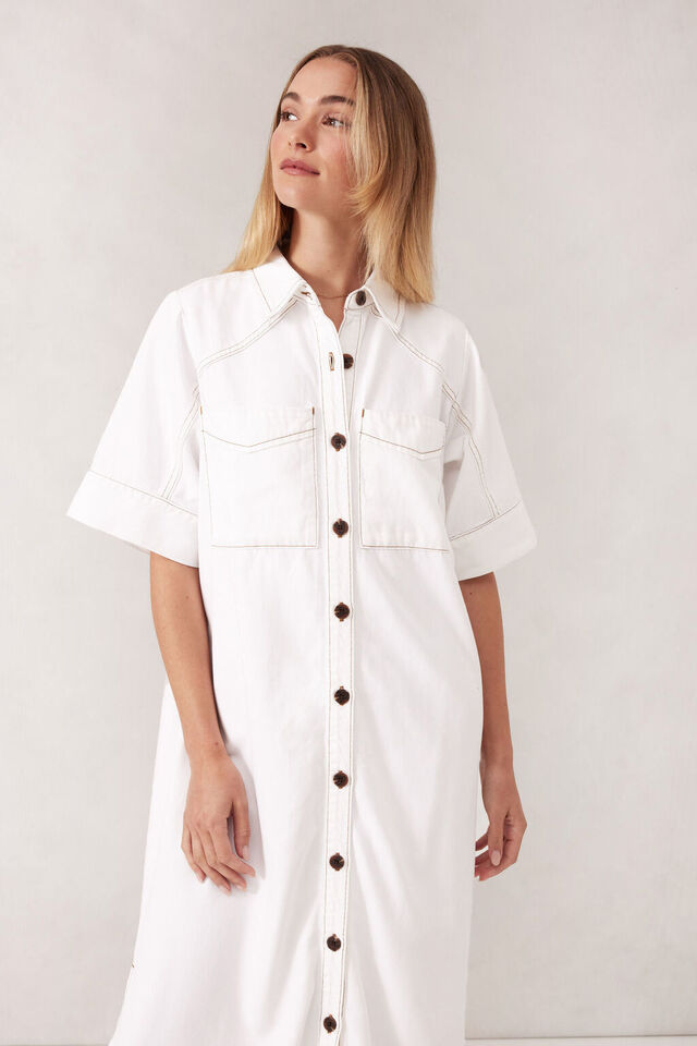 Short Sleeve Yoke Detail Midi Dress, FRESH ECRU TWILL