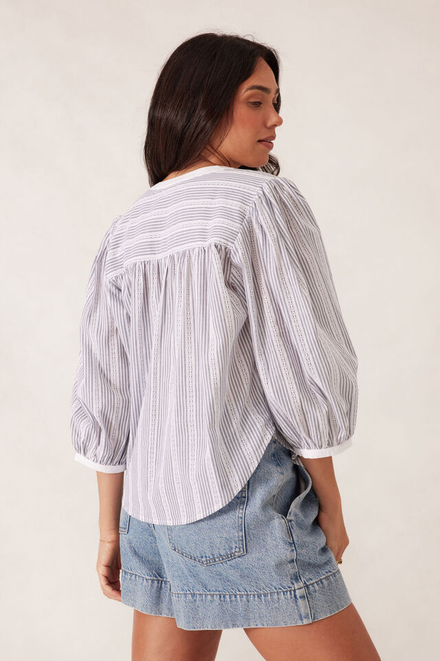 Woven Collarless Top, MIDNIGHT TEXTURED STRIPE