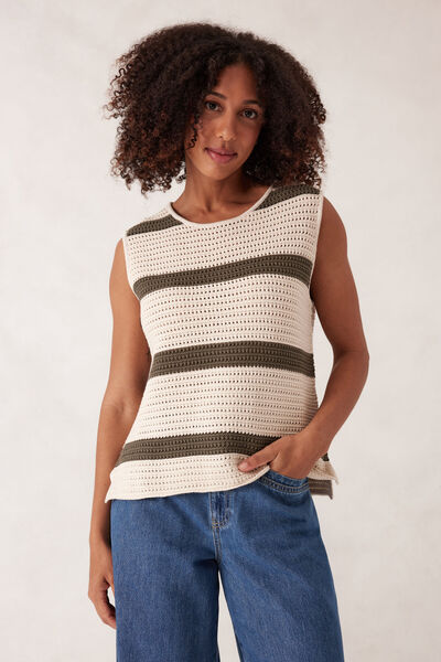 Margot Mesh Knit Tank, ECRU/SOFT OLIVE STRIPE