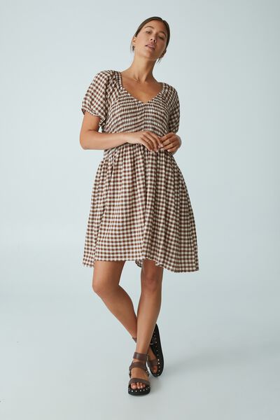 V Neck Shirred Smock Dress In Organic Cotton, WHITE AND BISON GINGHAM CHECK