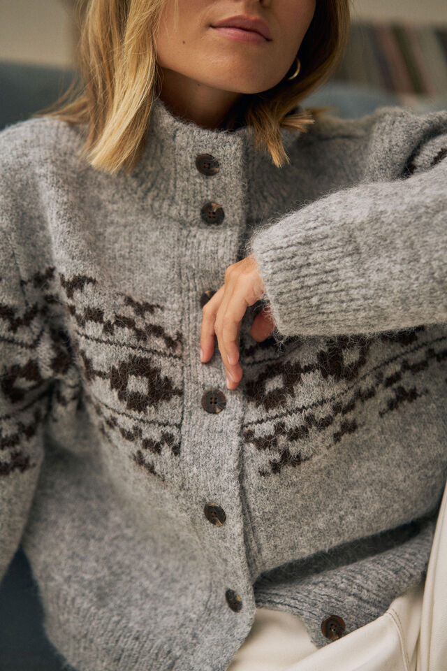 Orla Fair Isle Knit Cardi, GREY MARLE CHOC