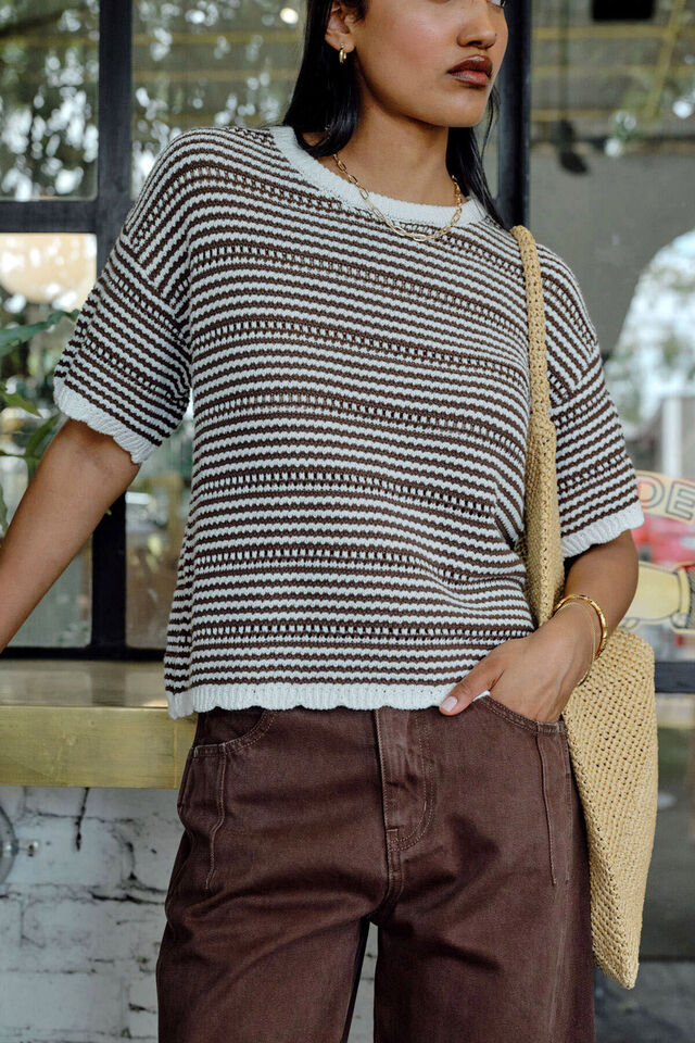 Nina Boxy Knit Tee, CHOCOLATE STRIPE