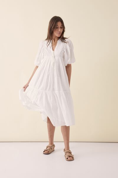 Tie Front Midi Dress In Organic Cotton Voile, WHITE