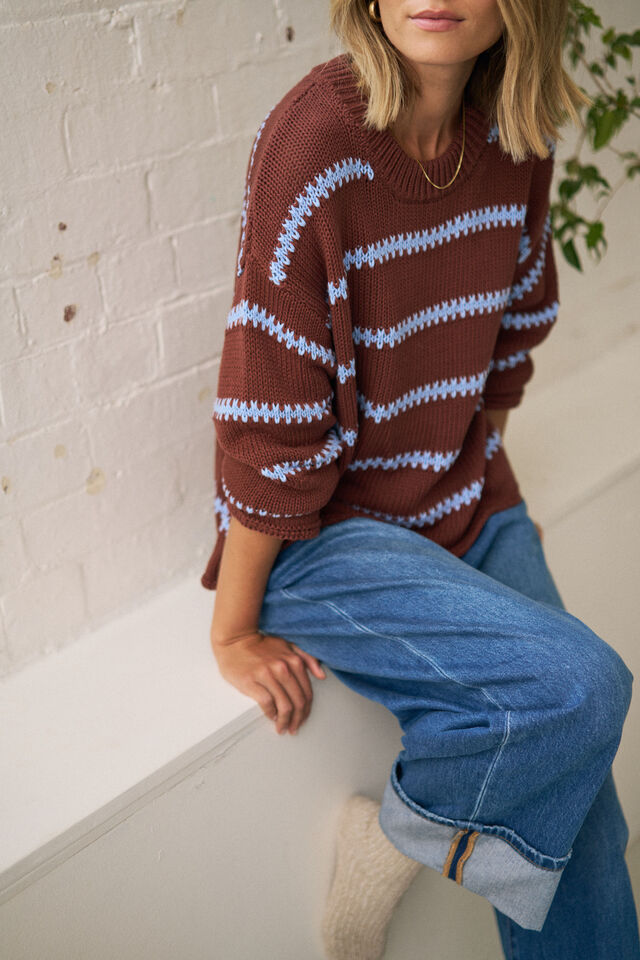 Lila Oversized Knit Crew, BURNT TOFFEE STRIPE