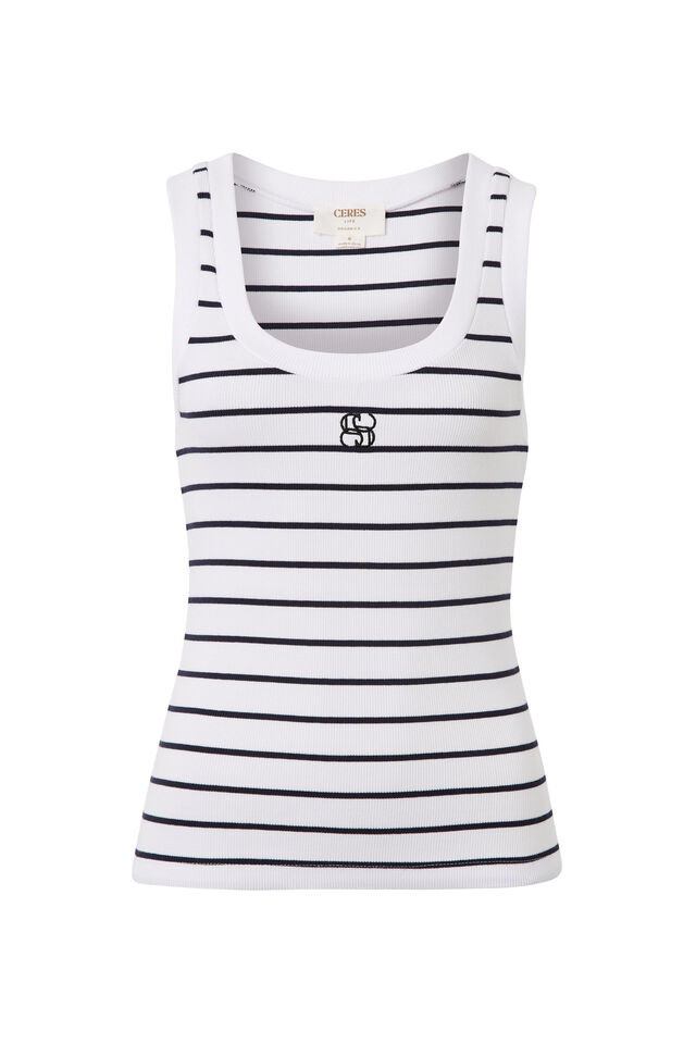 Contour Rib Scoop Tank, WHITE/NEW NAVY MONOGRAM EMBROIDERY