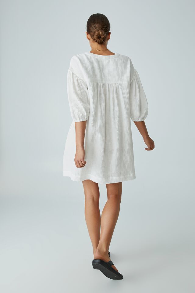 Double Cloth Mini Dress In Organic Cotton, WHITE