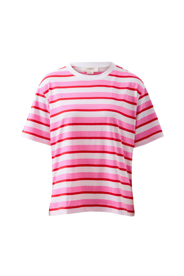 Stevie Slouchy Tee, HIBISCUS/HERITAGE RED STRIPE